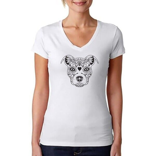 Pit Bull Sugar Skull White Ladies V-neck