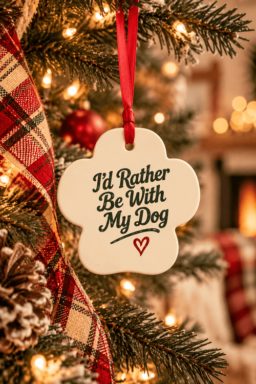 I'd Rather Be With My Dog ornament back hanging on Christmas tree