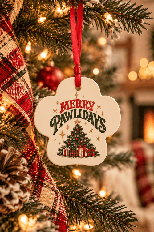 Merry Pawlidays ornament front hanging on decorated Christmas tree