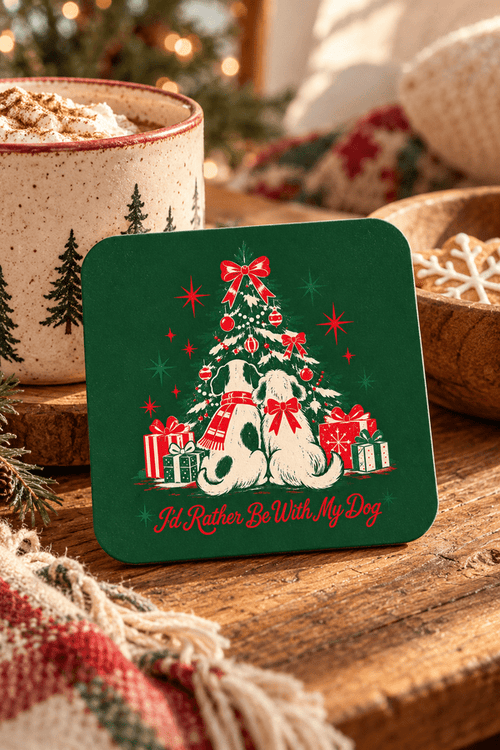 Pawliday Vibes holiday cork coaster styled on a rustic Christmas coffee table