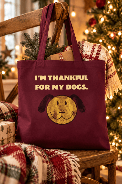 Burgundy Thankful For My Dogs cotton tote bag in festive lifestyle setting